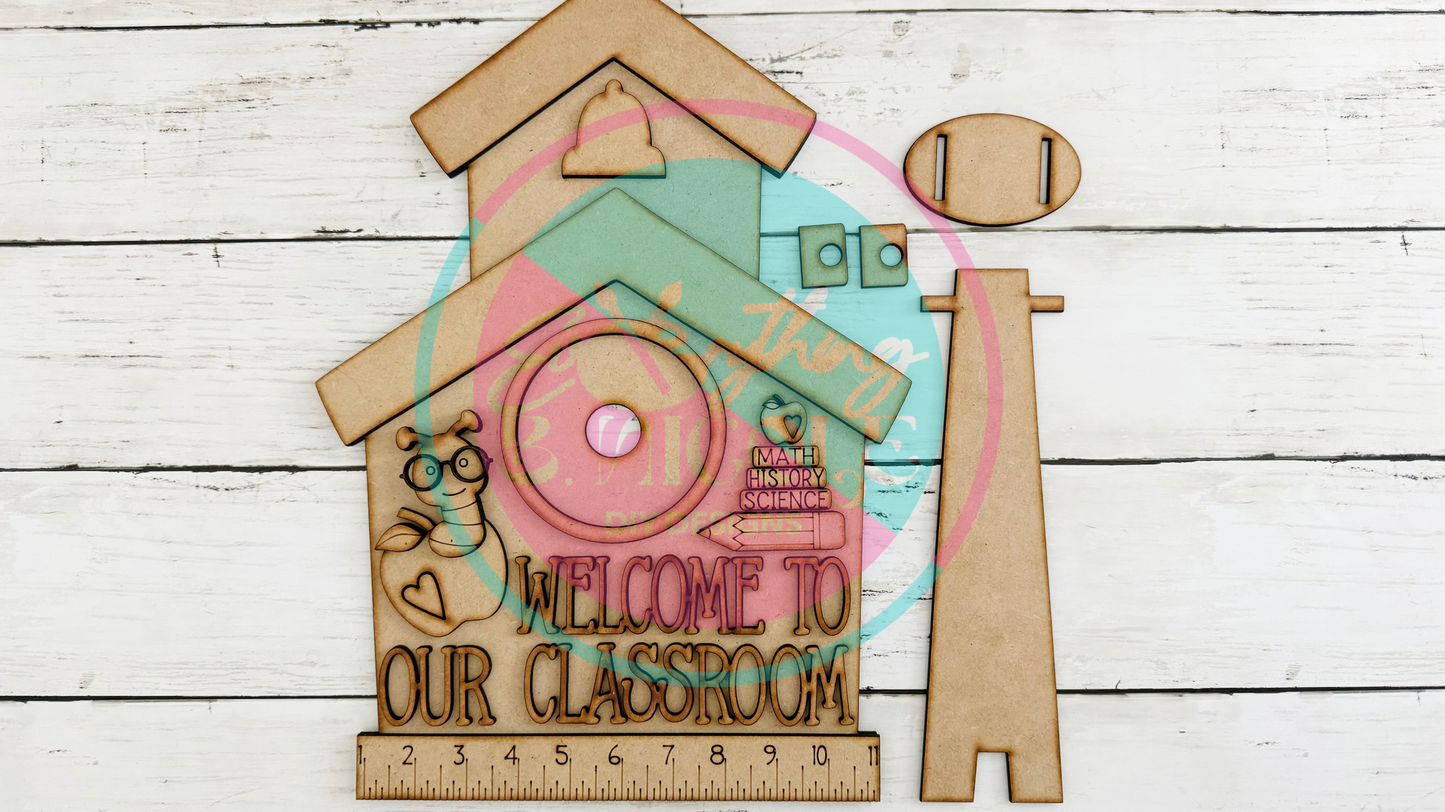Interchangeable “Welcome to Our Classroom” School House Sign Frame – Holds 3" Round Inserts | Freestanding Wood Cutout